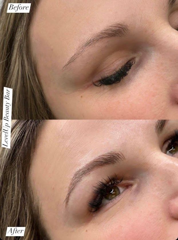 A before and after photo of a woman 's eyebrows.