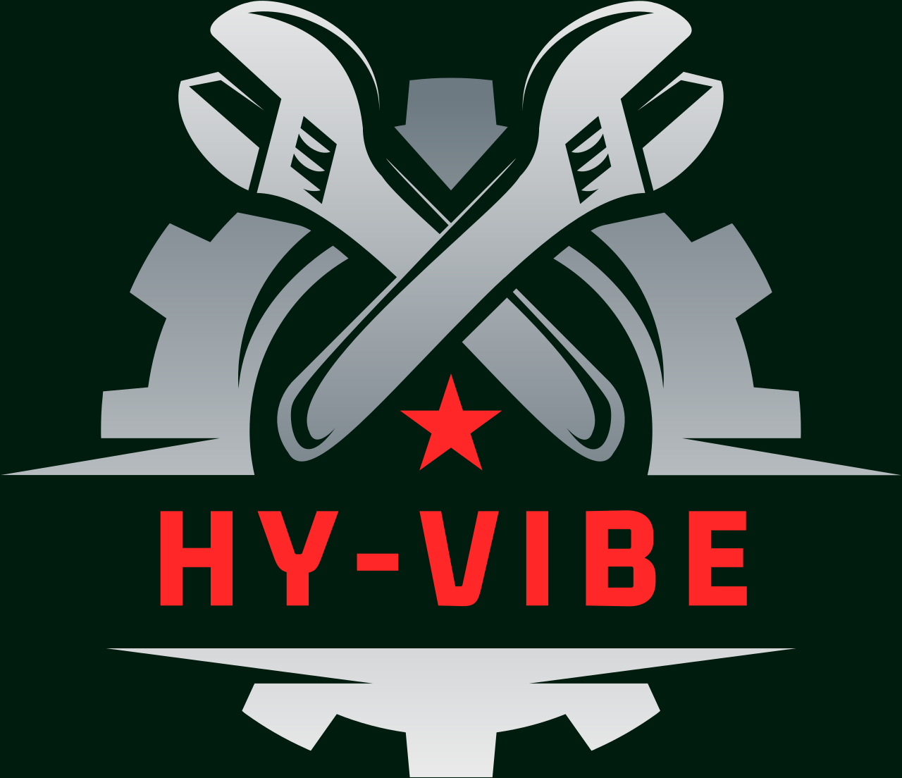 Logo with crossed wrenches, gear, red star, and