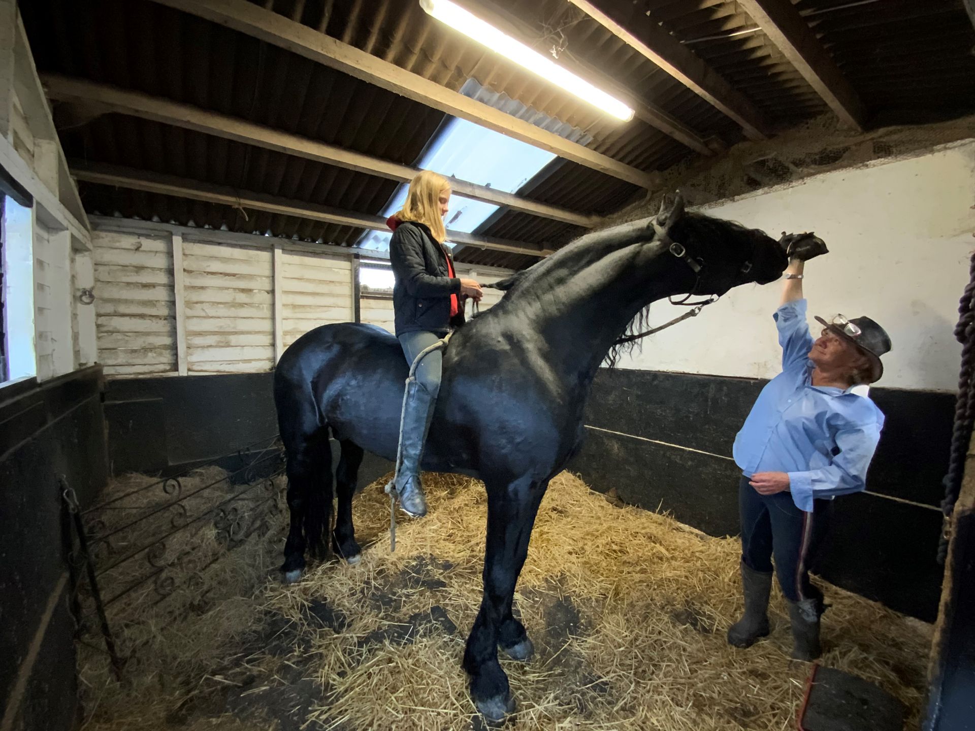 A woman is riding a black horse in a stable