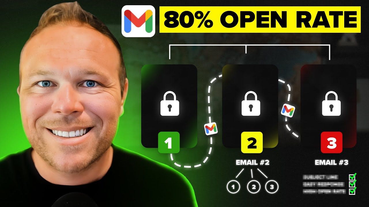 A man is smiling in front of a sign that says 80 % open rate