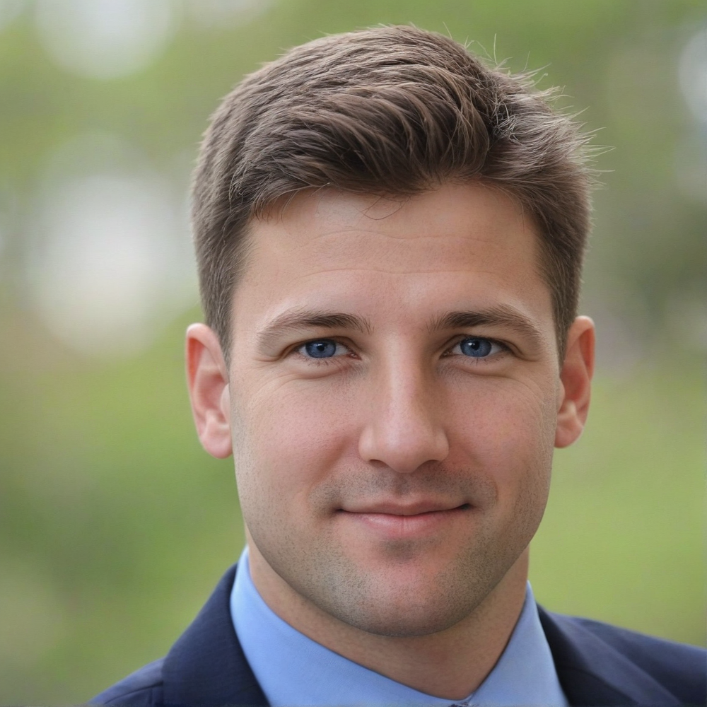 A man in a blue shirt and tie is smiling for the camera.