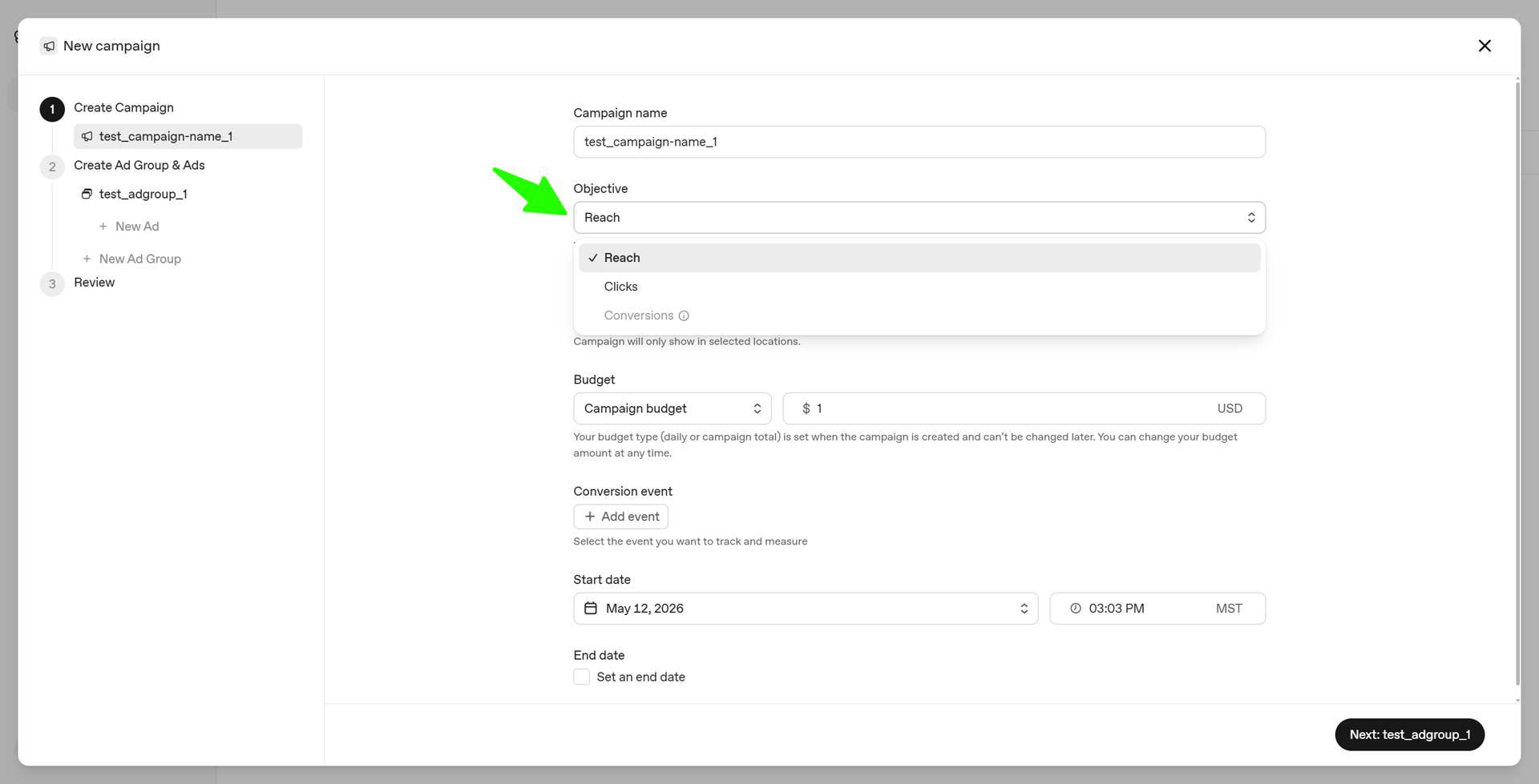 Web app settings page with a green arrow pointing to a dropdown menu in the form.
