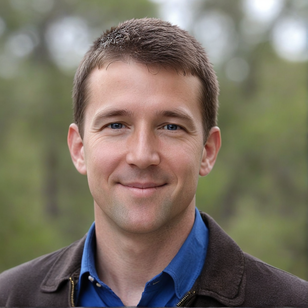 A man in a blue shirt and tie is smiling for the camera.