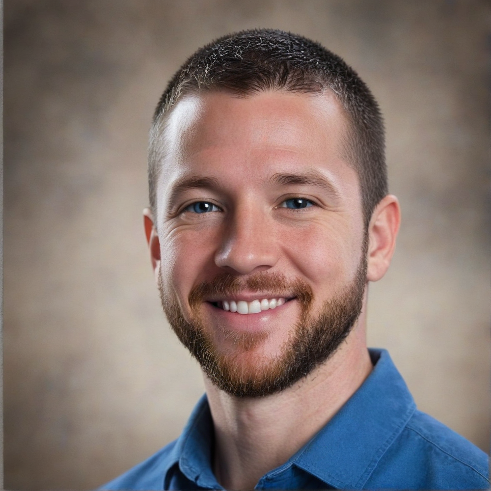 A man in a blue shirt and tie is smiling for the camera.