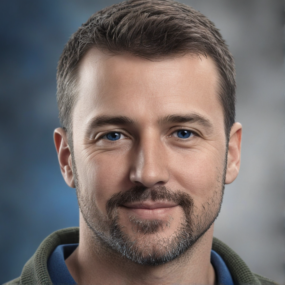 A close up of a man 's face in a circle.