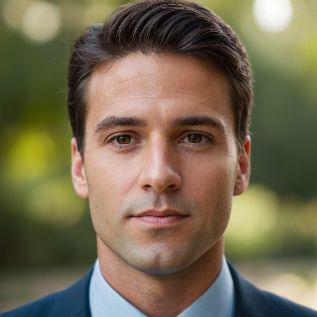 A close up of a man 's face in a circle.