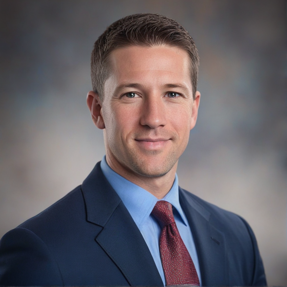 A man in a blue shirt and tie is smiling for the camera.