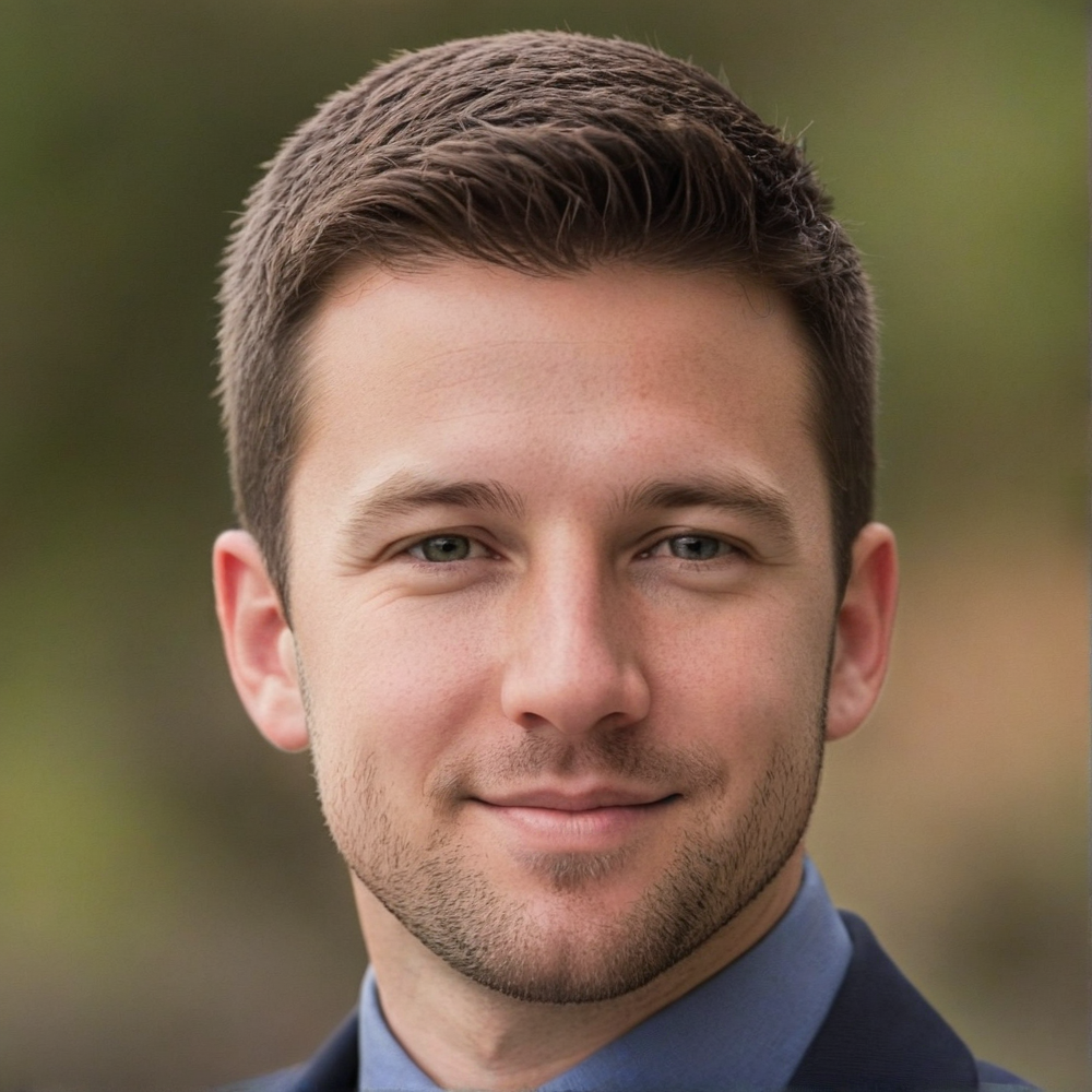 A man in a blue shirt and tie is smiling for the camera.