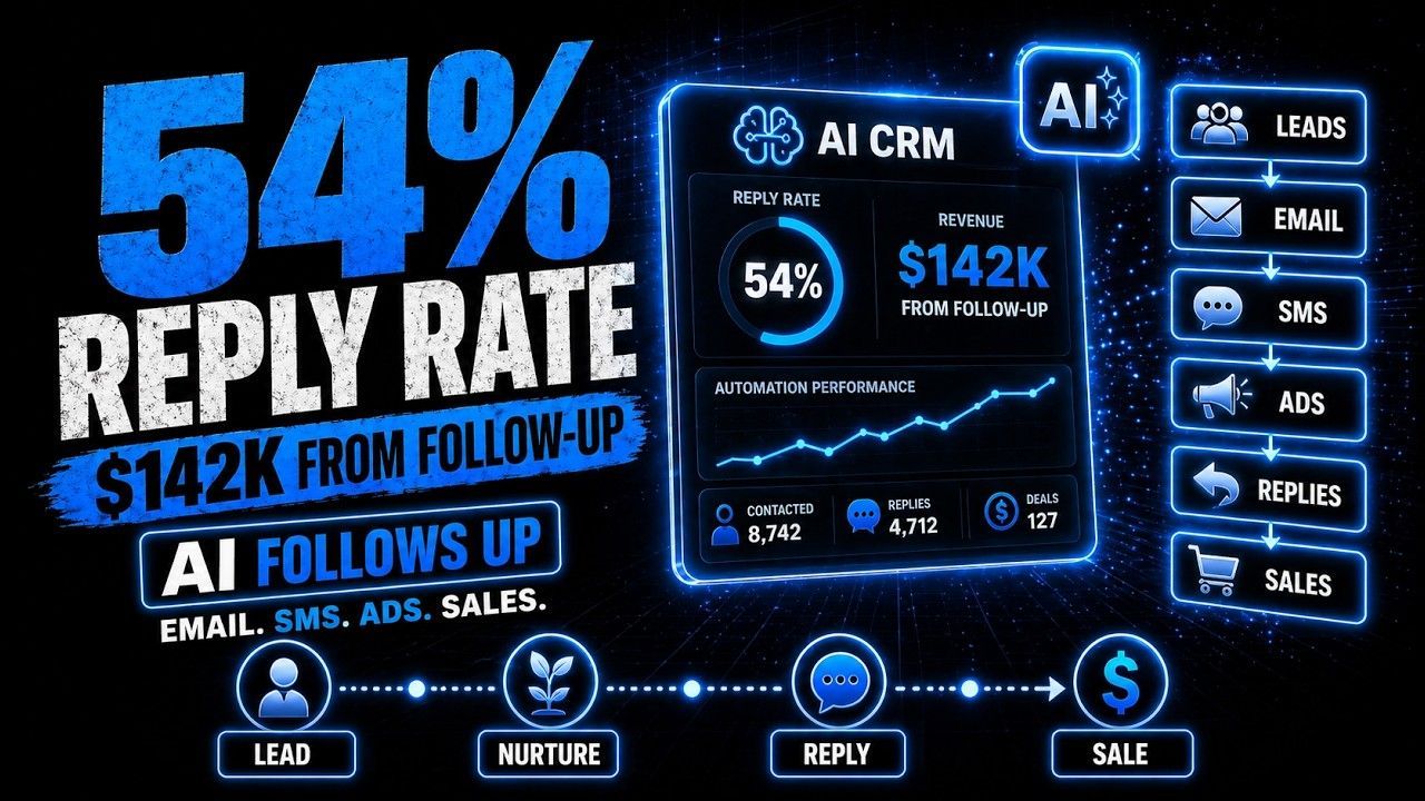 Blue AI sales dashboard graphic showing 54% reply rate and $142K from follow-up.