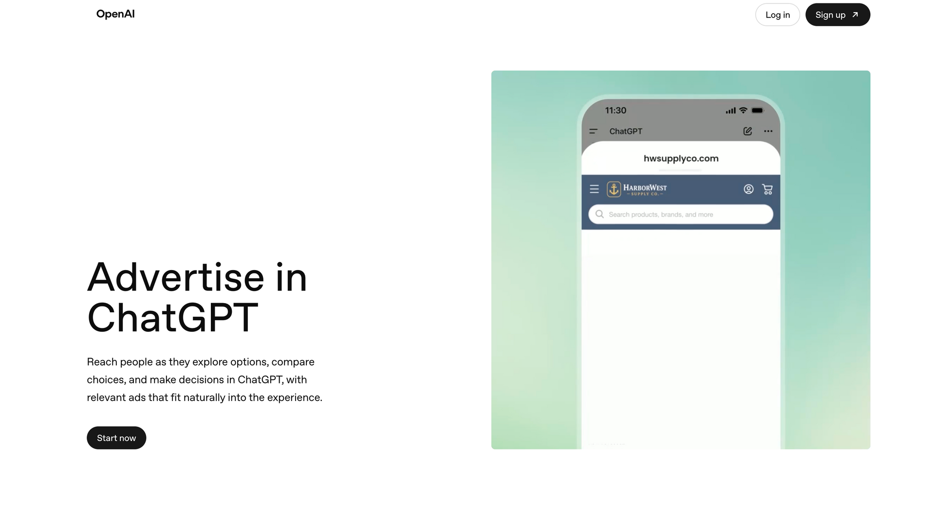 Website hero promoting ads in ChatGPT with a phone mockup and mint-green background