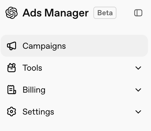 Ads Manager sidebar menu with Campaigns, Tools, Billing, and Settings options.