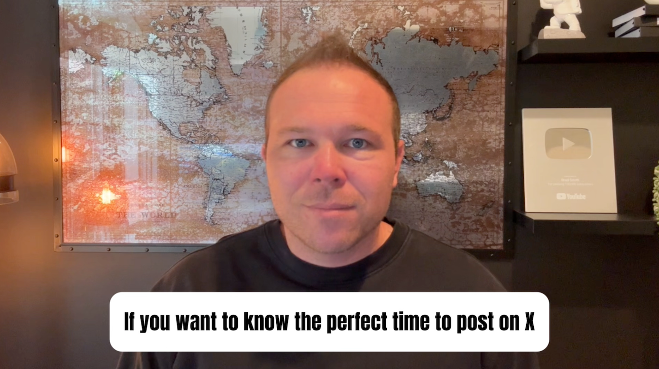 A man is standing in front of a map and says if you want to know the perfect time to post on x