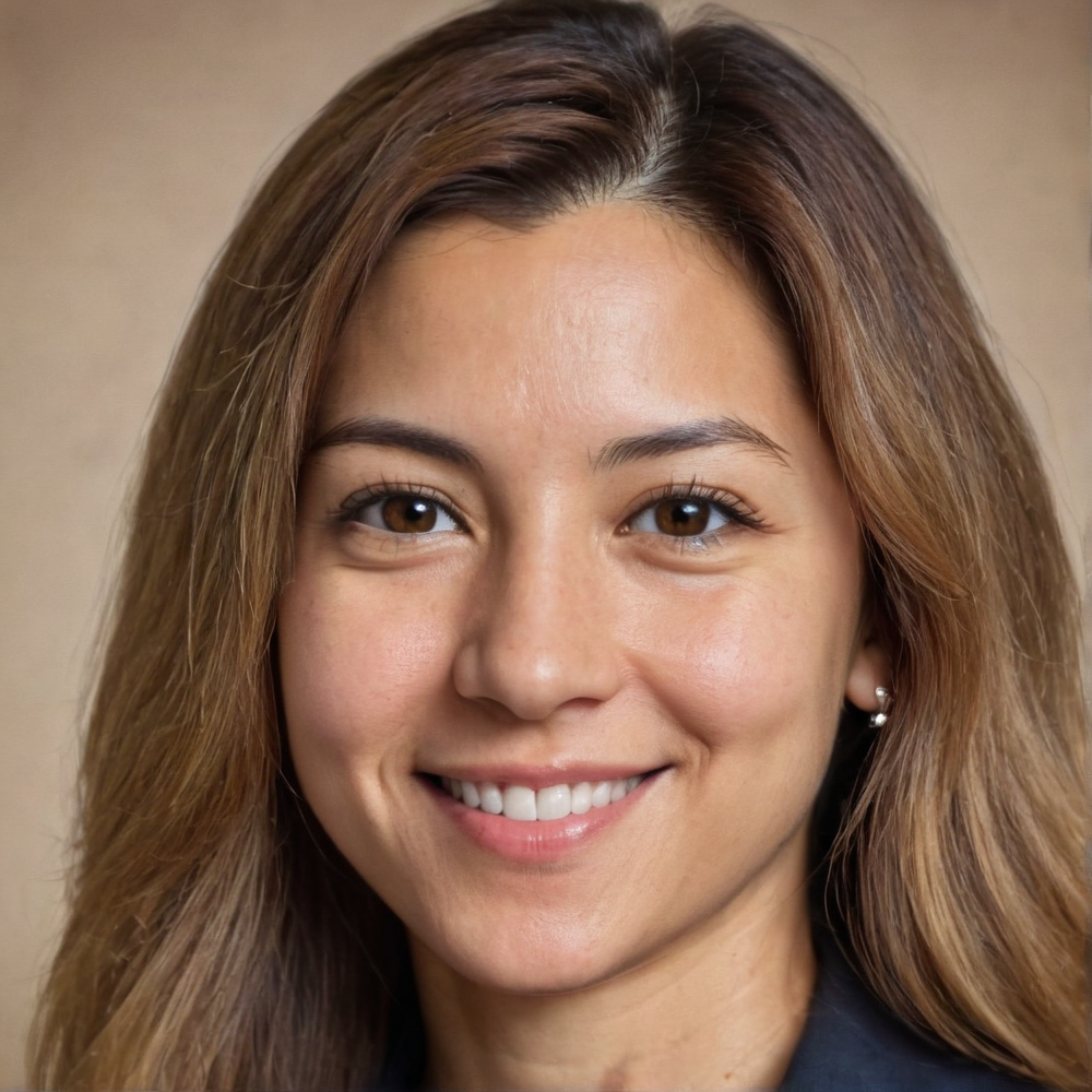 A close up of a woman 's face with a picture in the background