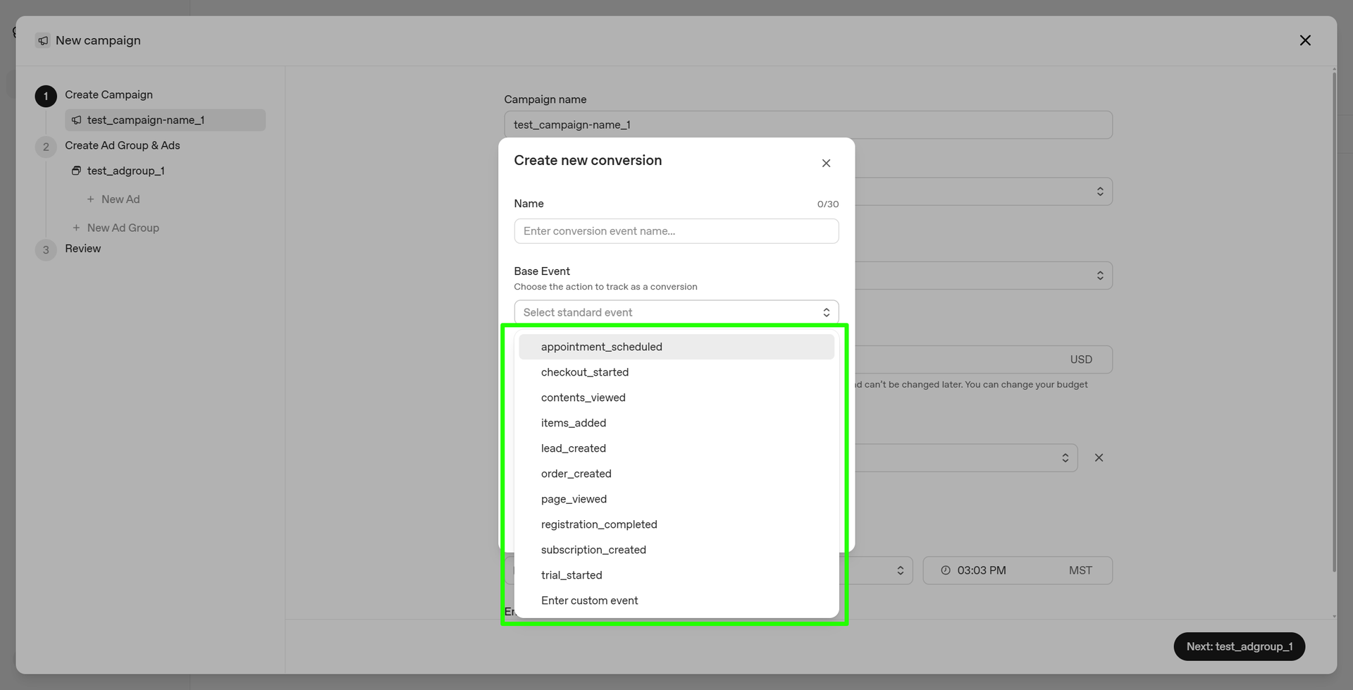 Blurred settings page with a dropdown menu open over a gray interface, highlighted in green.