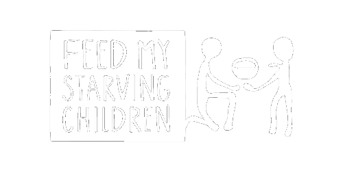 A black and white logo for feed my starving children.