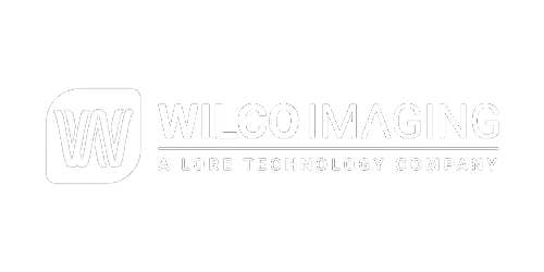 A white logo for a company called wilson imaging.