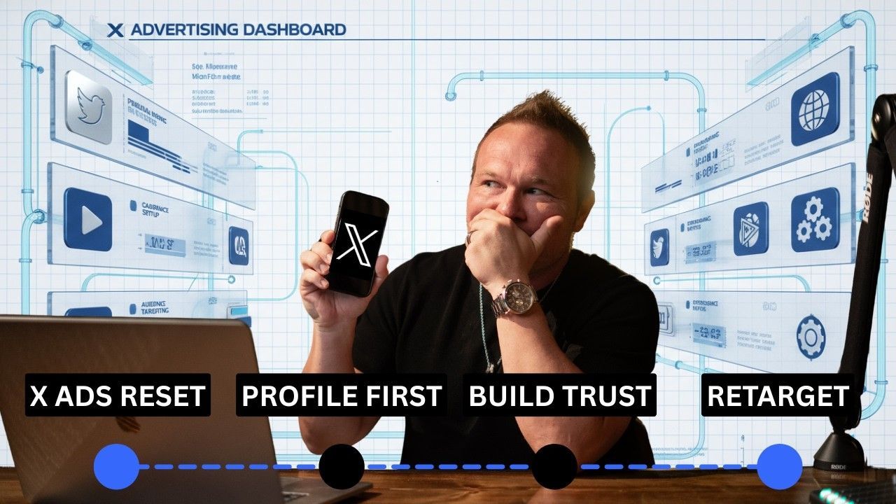 Man speaking beside X logo with dashboard graphics, labeled “X Ads Reset,” “Profile First,” “Build Trust,” “Retarget”