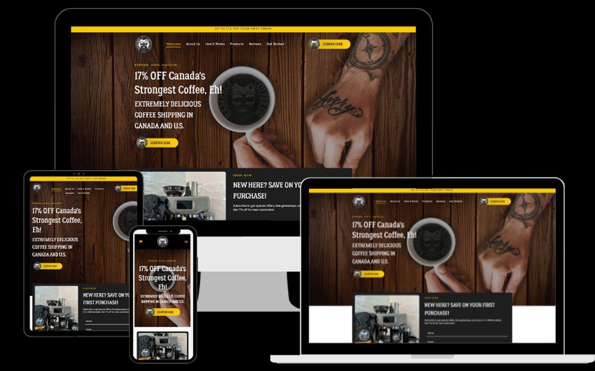 A tablet, phone, laptop, and desktop all with a coffee shop website open on their screens. 