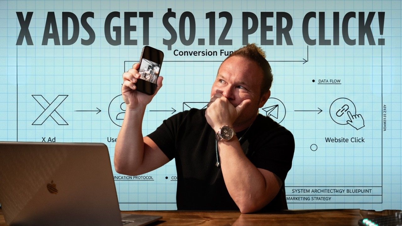 Man at desk holding a phone beside text: “X ADS GET $0.12 PER CLICK!”