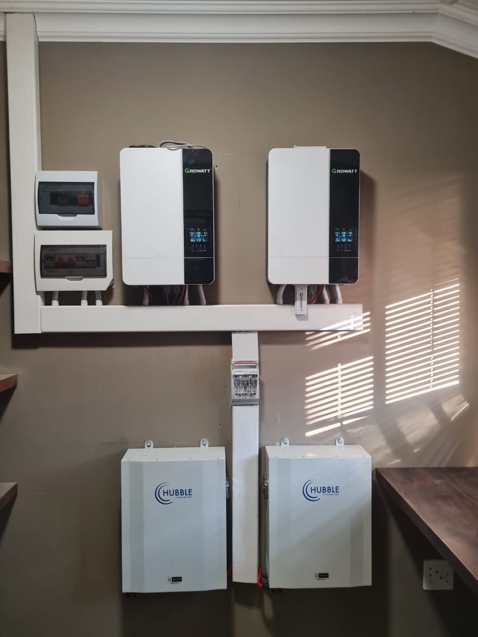 Electrical boards mounted to a wall in a room