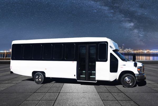 a white 20 passenger Diamond coach party bus is parked on a sidewalk in front of a city at night .