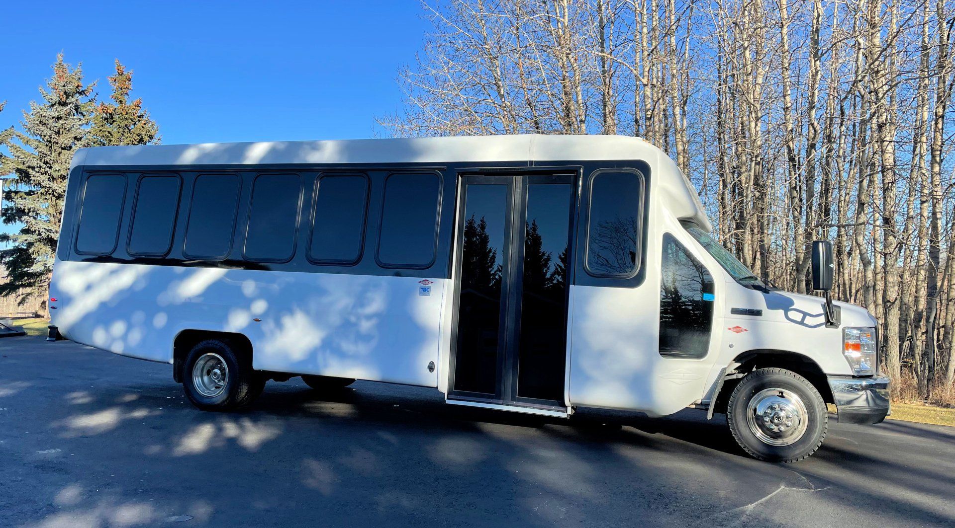 a white 20 passenger Diamond Coach party bus is parked on the side of the road