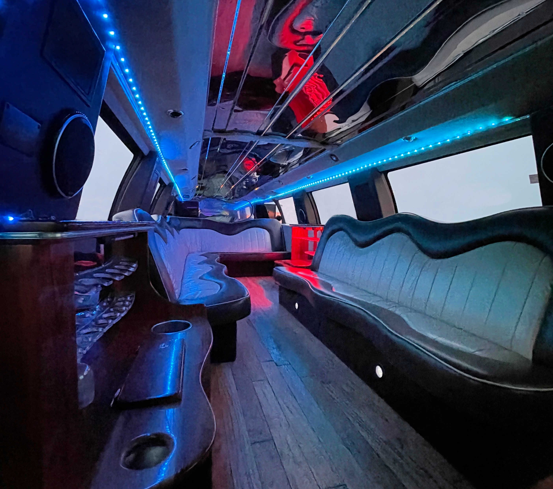 Limo To Go Mammoth stretch truck front facing interior view