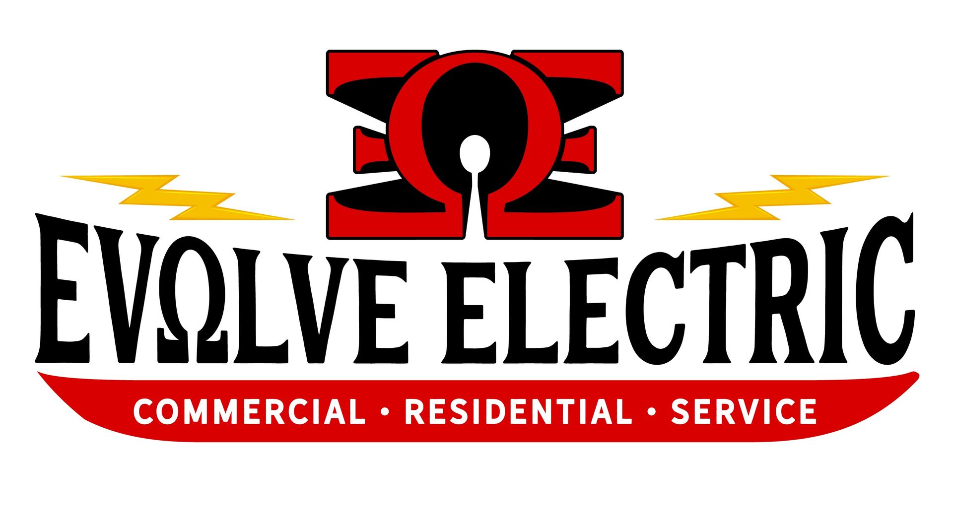 A logo for evolve electric with a red omega symbol