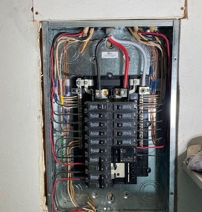 A electrical box with a lot of wires coming out of it.
