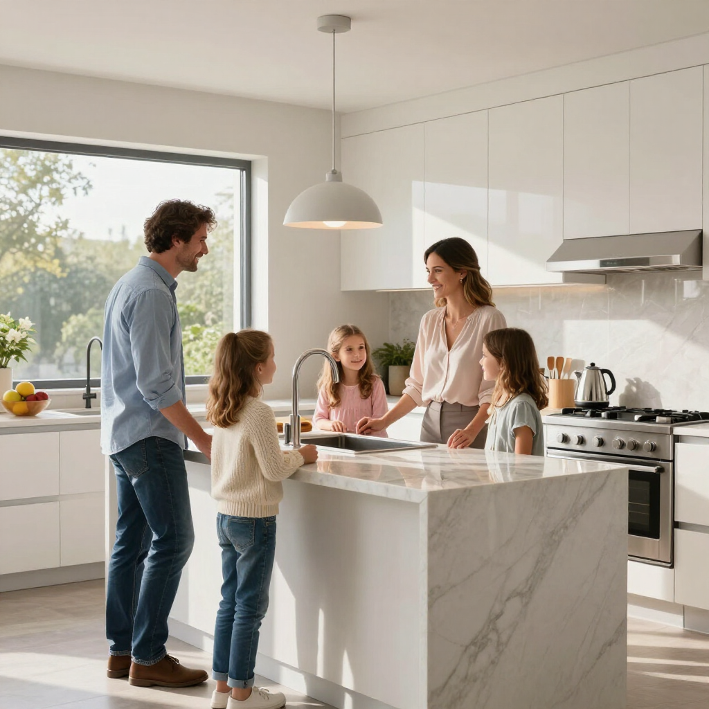 Contact Us A family gathers around a white marble kitchen island, smiling and talking in a bright, modern, minimalist kitchen.