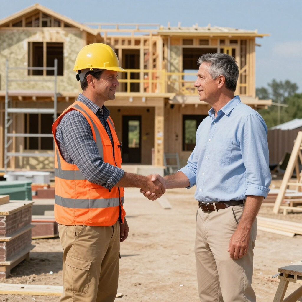 View Our Services Two men shaking hands in front of a house under construction at a worksite.