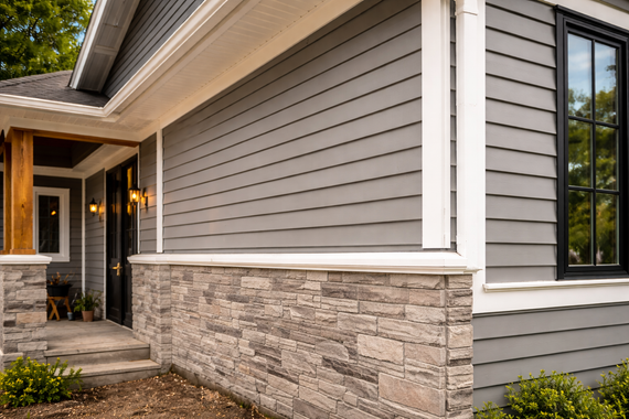 Exterior view of a home with gray horizontal siding, a stone veneer base, white trim, and a small covered porch entrance.