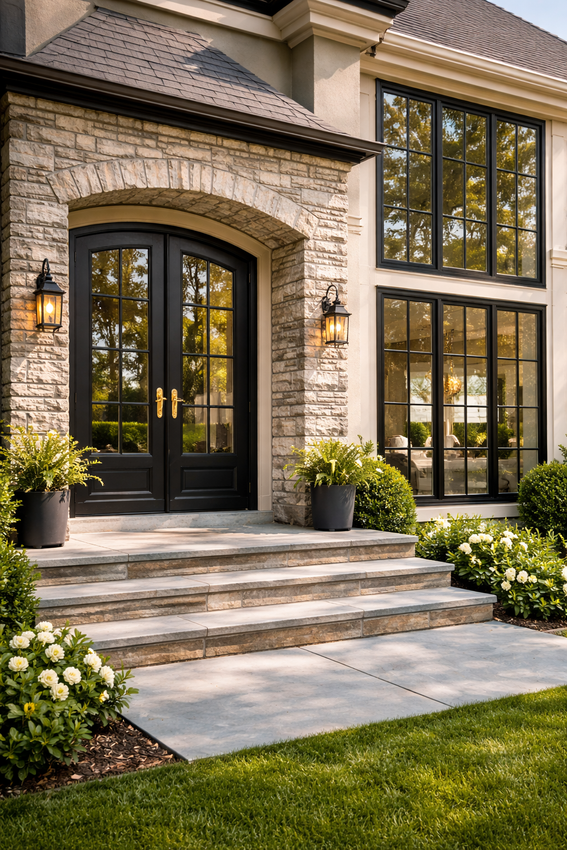 Contact Us A stone-facade entryway with black French doors, large multi-pane windows, stone steps, and potted plants.