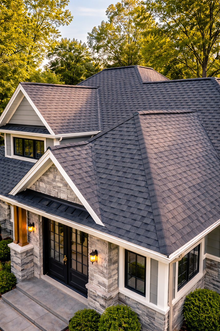 Contact Us A high-angle view of a grey shingled roof on a modern stone-and-stucco home with a front entrance and surrounding trees.