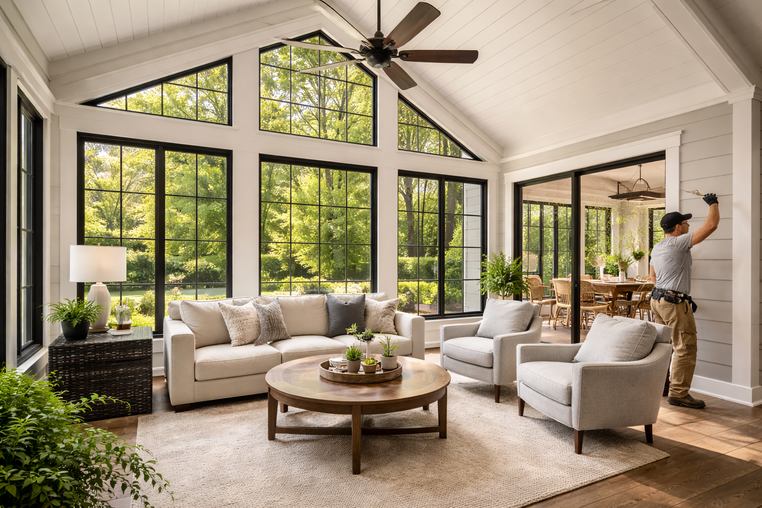 Contact Us A house exterior featuring gray horizontal siding, a stone veneer foundation, white trim, and a black-framed window.