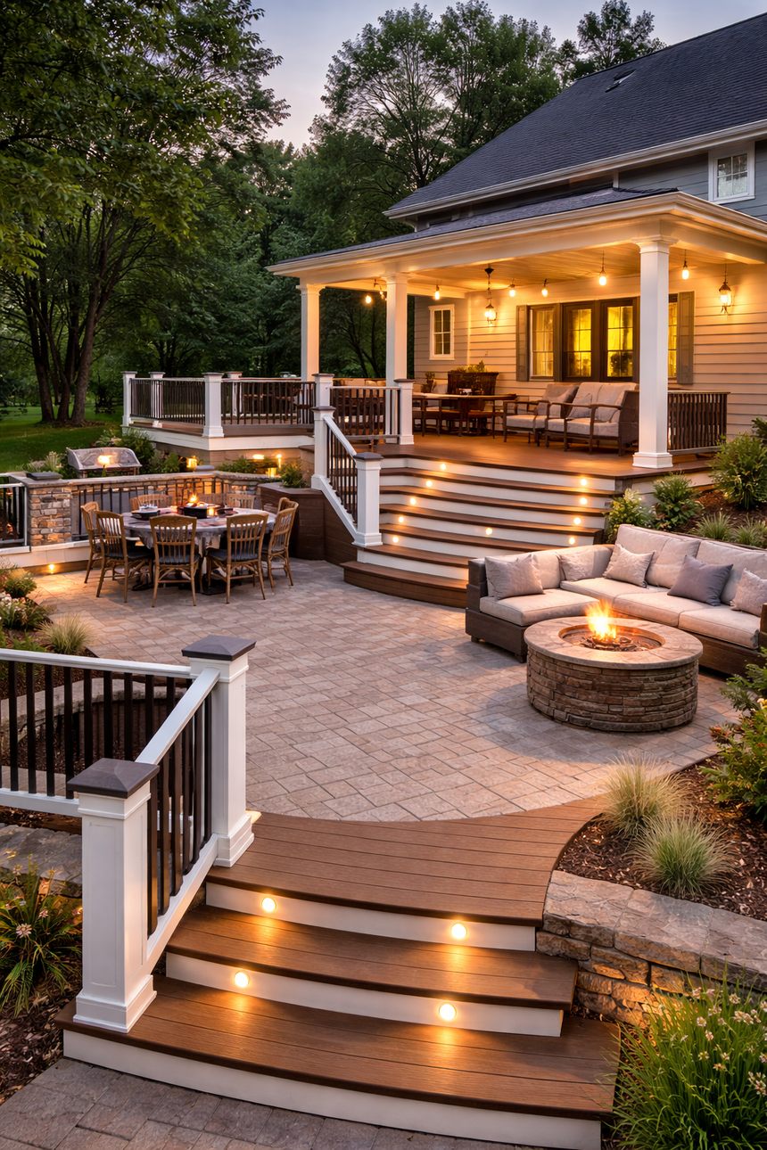 Contact Us A multi-level outdoor patio at dusk with a covered deck, dining area, stone fire pit with seating, and illuminated stairs.