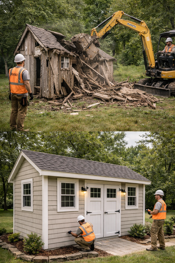 Contact Us A split image shows an excavator demolishing an old wooden shed above, and workers inspecting a new finished shed below.