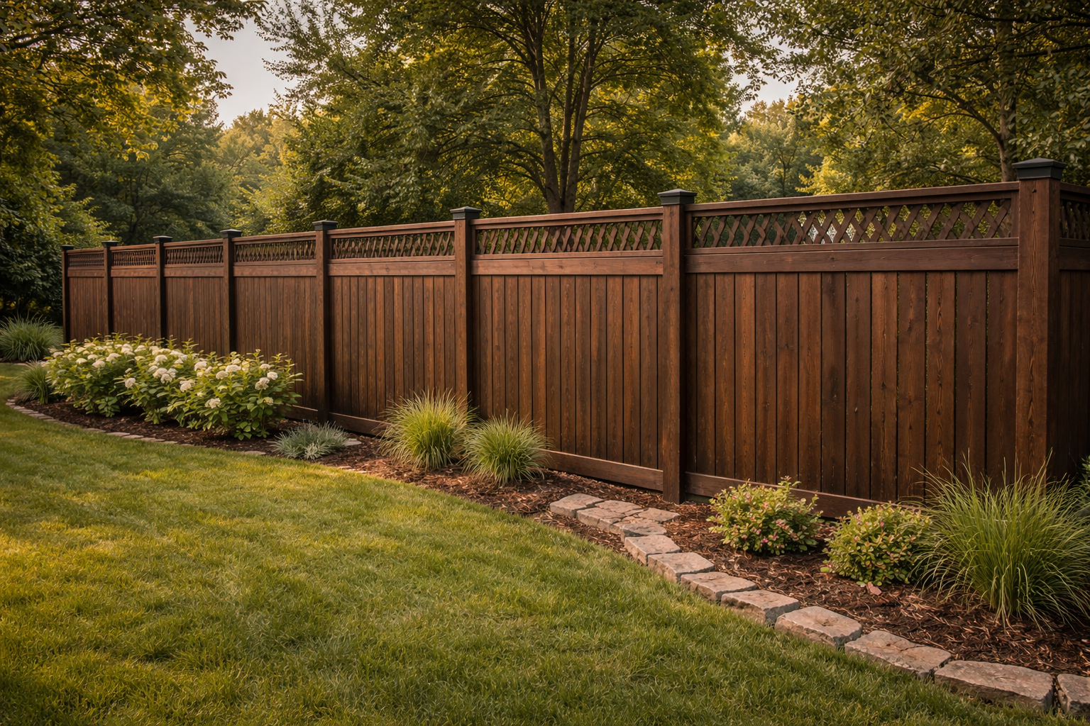 Contact Us A tall, dark brown wooden fence with a decorative lattice top sits behind a lush garden bed and a green grassy lawn.