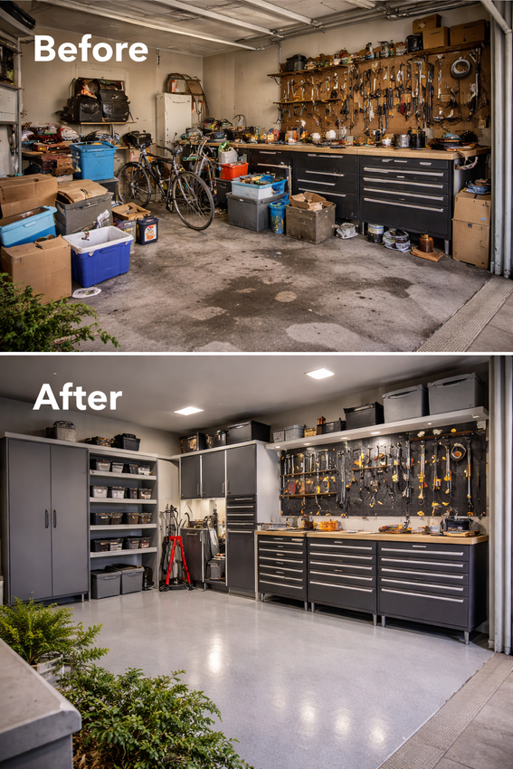 Contact Us Before and after photo of a garage transformed from cluttered storage to an organized workspace with new cabinets.