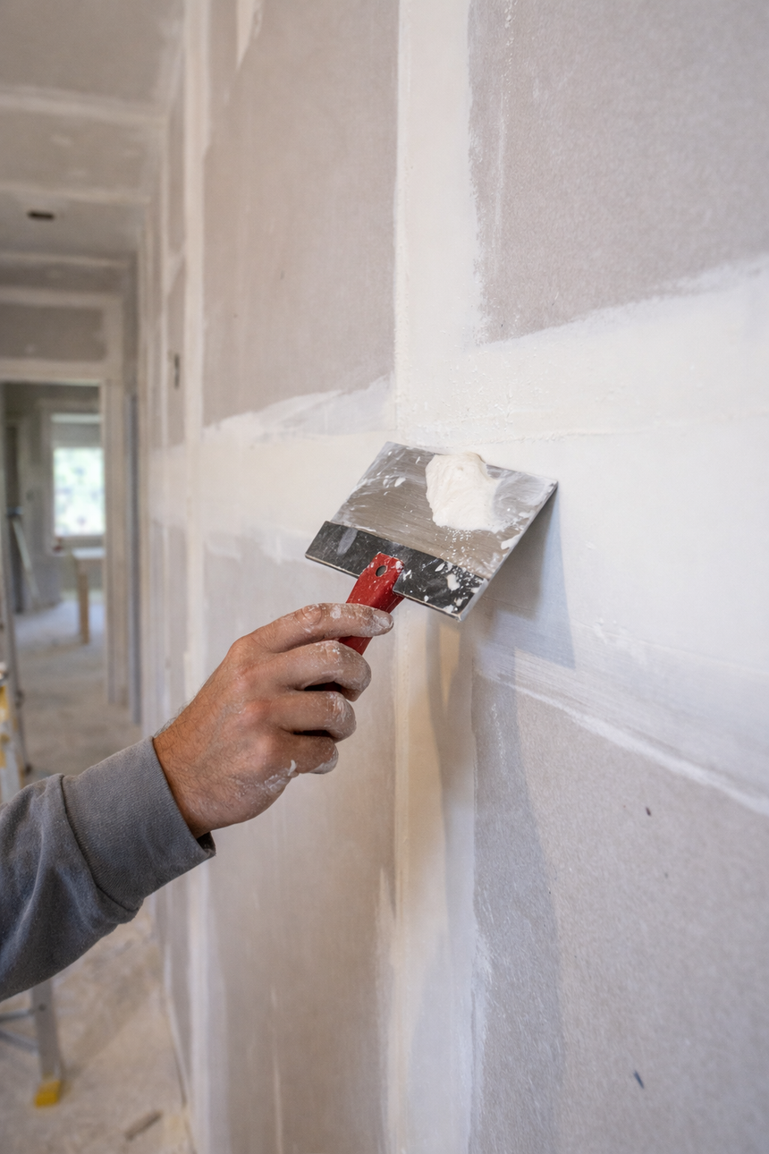 Contact Us A person uses a metal putty knife to smooth joint compound over a seam on a drywall wall in a room under construction.