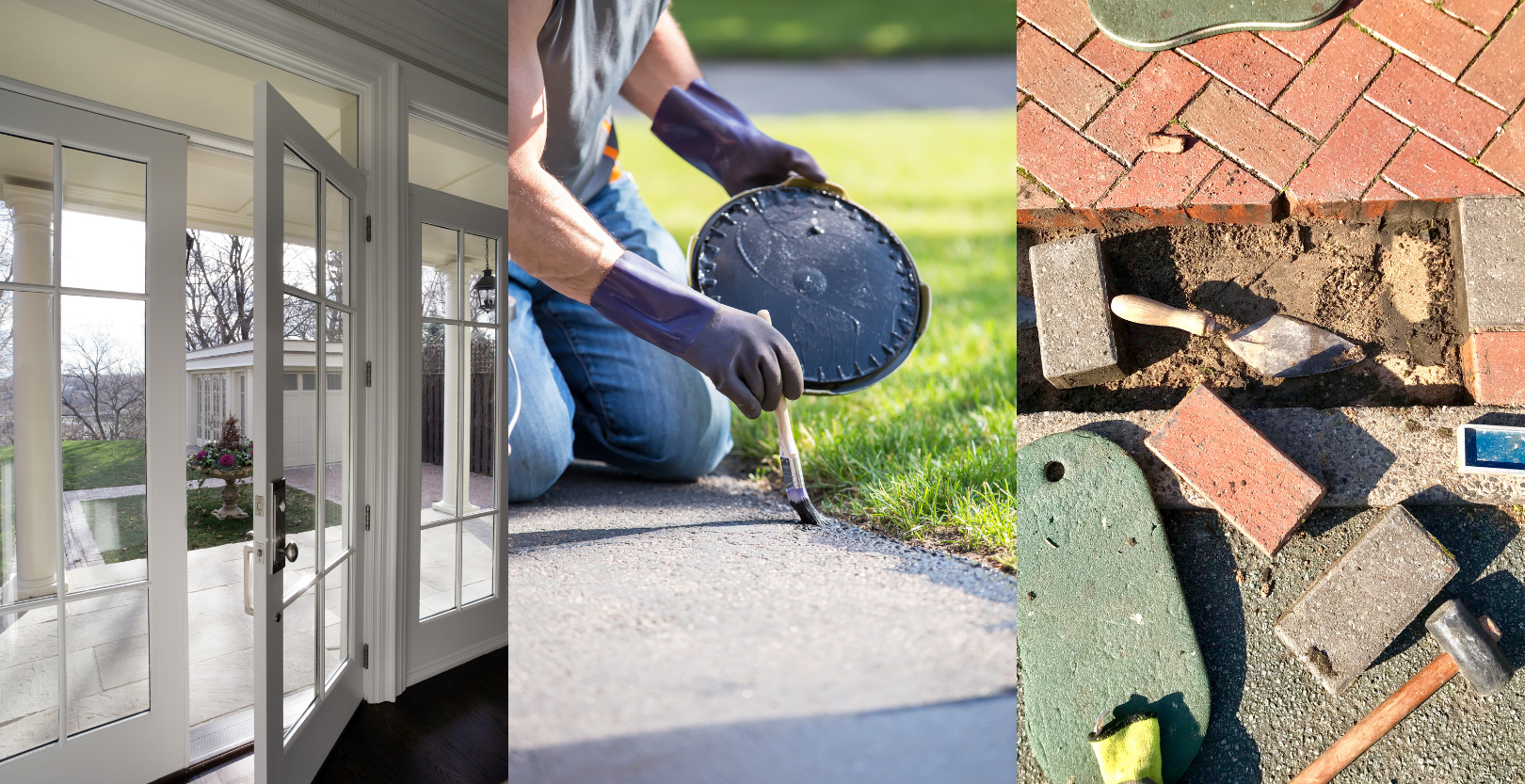 A collage showing white French doors, a person cleaning a concrete surface, and repairs to brick paving.