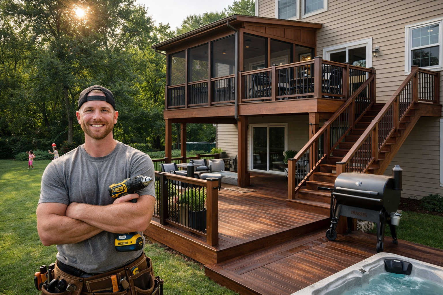 A smiling person wearing a tool belt and holding a power drill stands before a multi-level deck and house exterior.