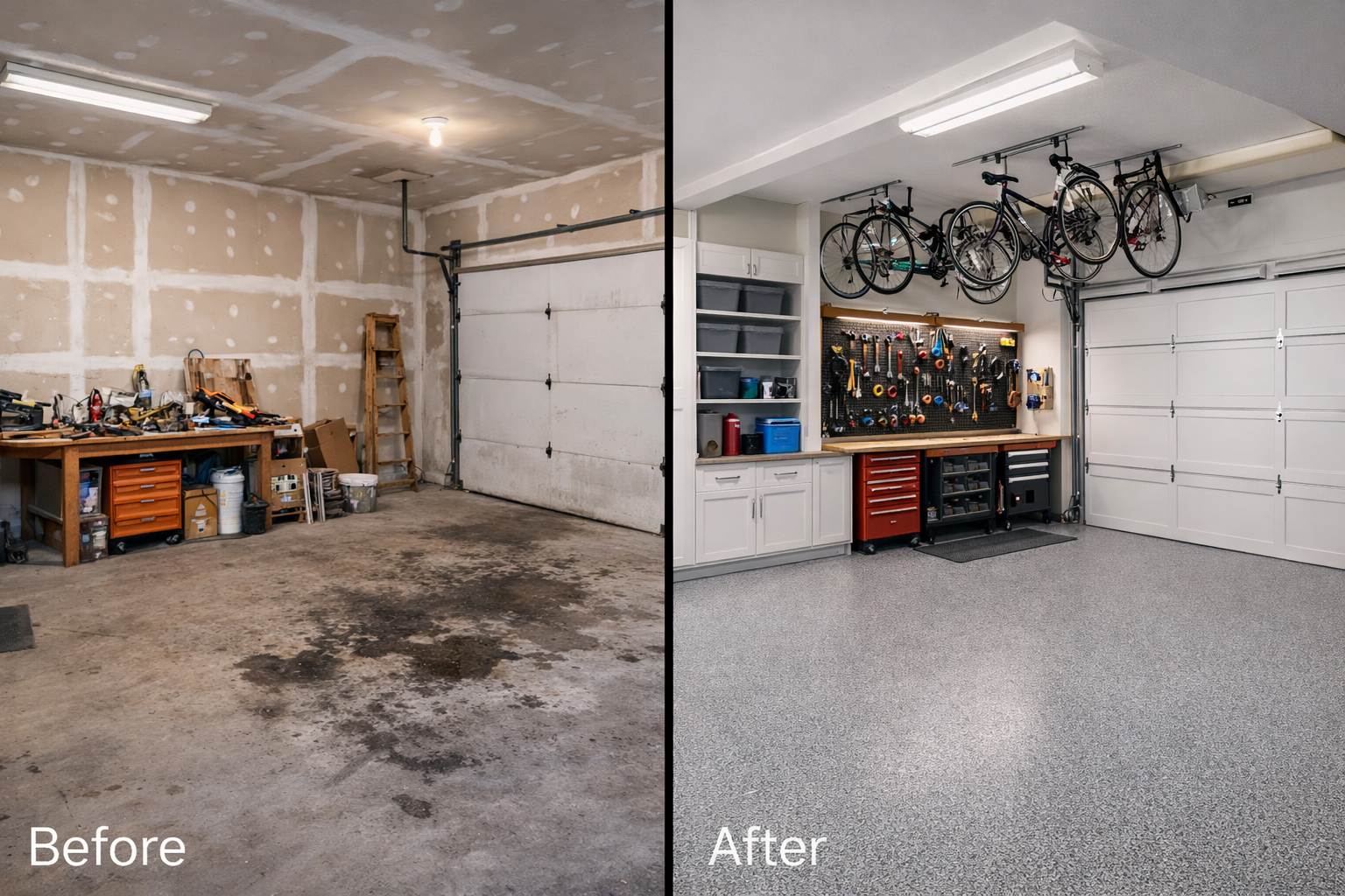 A side-by-side comparison of a garage before and after a renovation, featuring clean flooring, storage, and bicycle racks.