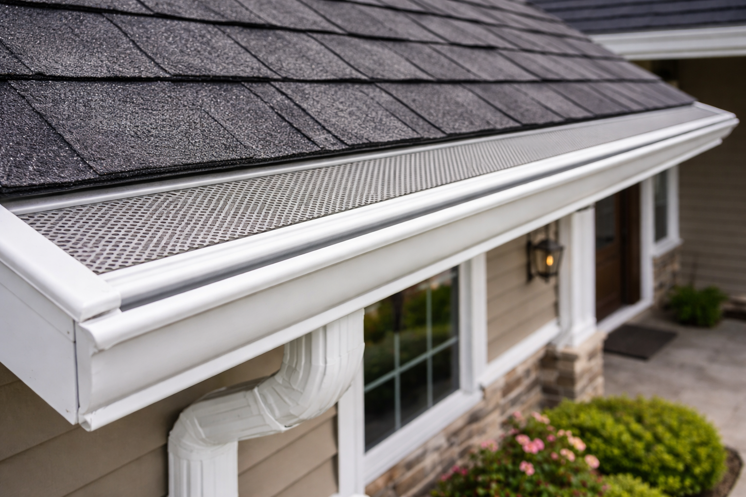 A white rain gutter with a mesh gutter guard installed on the edge of a house roof with dark shingles.