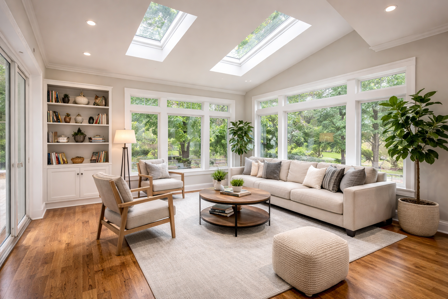 A bright, modern sunroom with a beige sofa, two armchairs, a wooden coffee table, floor-to-ceiling windows, and skylights.