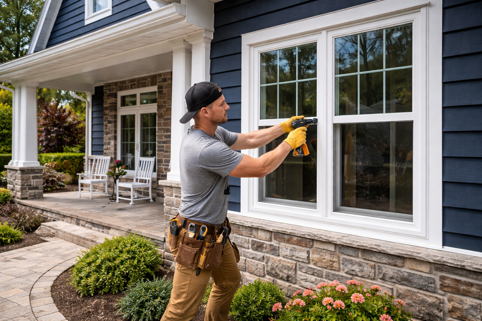A worker wearing a tool belt uses a power drill to install a window on the exterior of a blue-sided house.