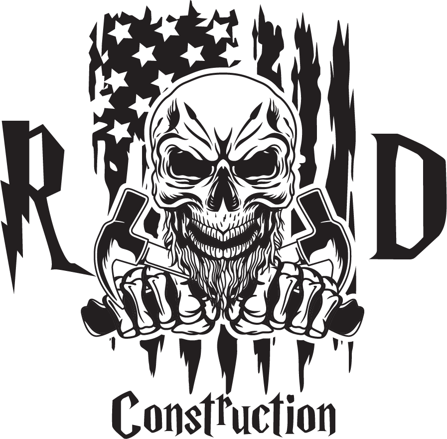 A black and white logo featuring a skull with a beard holding two hammers over a distressed American flag with text