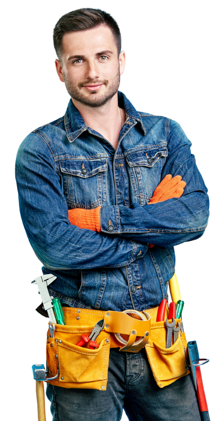 Contact Us A smiling person wearing a denim shirt and work tool belt with orange gloves stands against a white background.