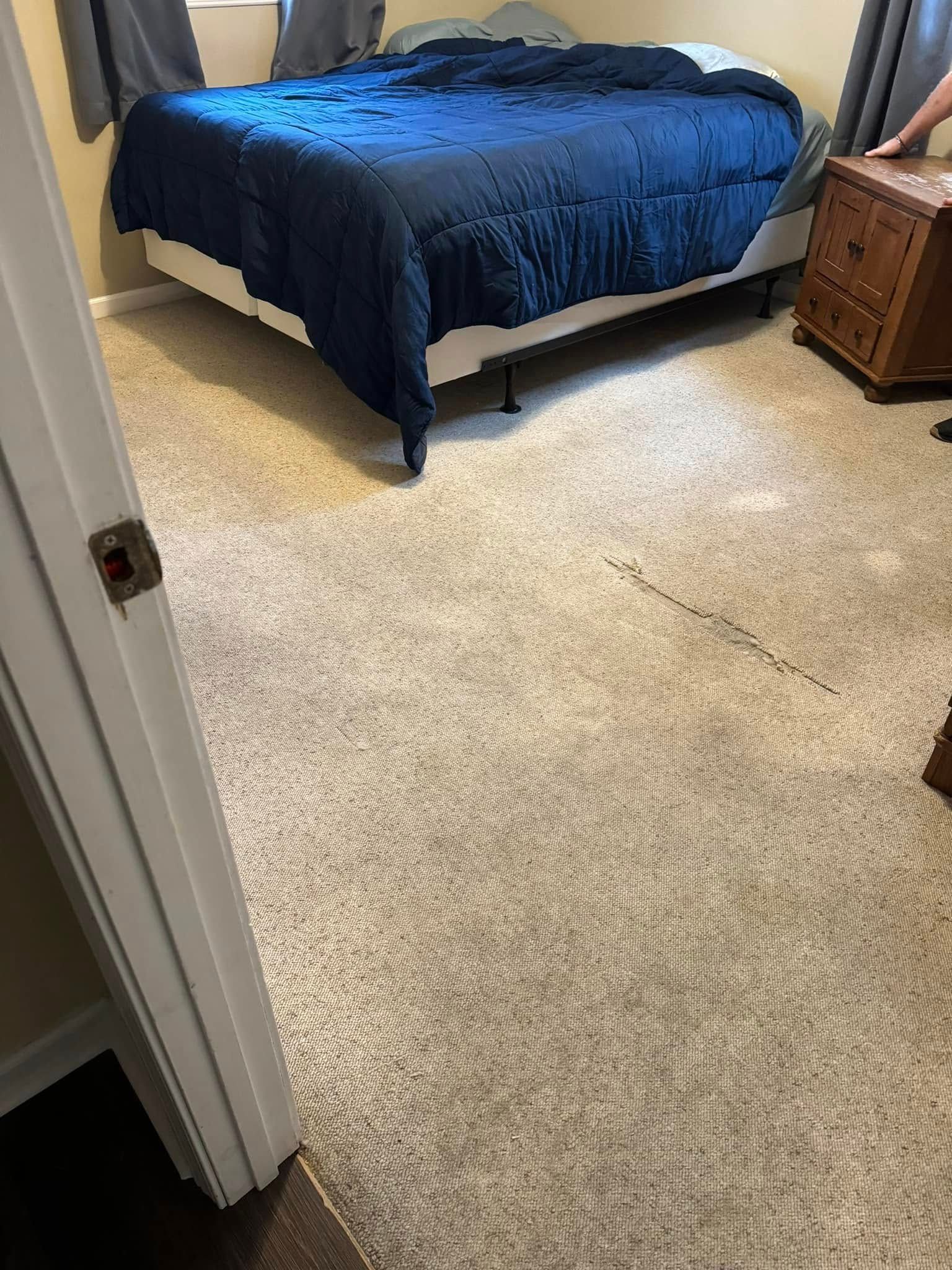 A view from a doorway into a bedroom with beige carpet, a bed with a blue comforter, and a wooden nightstand.