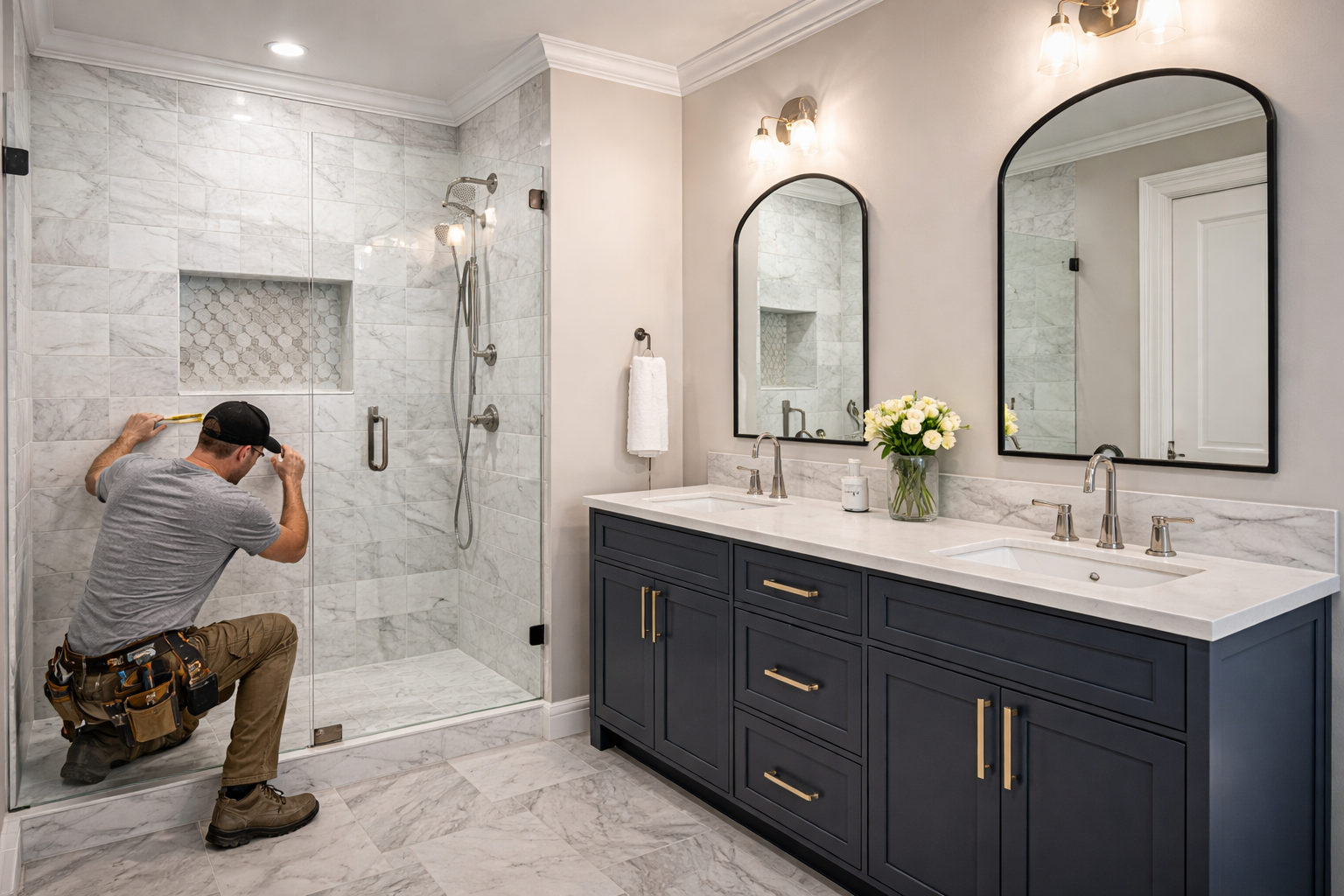 A person in work clothes installs tile in a marble shower next to a dark blue double vanity with gold fixtures.